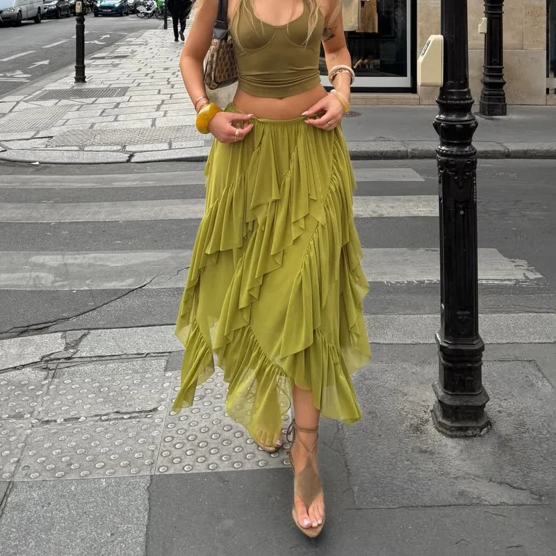 Casual Ruffle Skirt Women Loose High-Waisted Irregular Solid Color Long Skirt 2026 Spring Summer Street Female Skirt