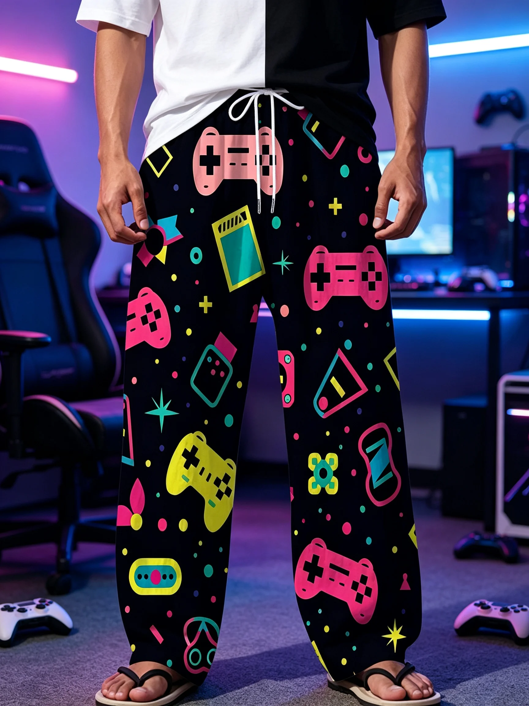 Men's Wide-Leg Loose-Fit Full-Body Print Straight-Leg Pants with Game Controller & Geometric Patterns