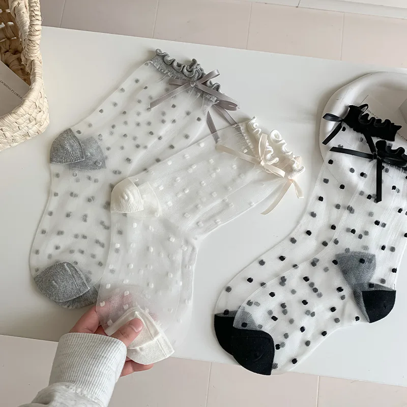 Wave point fungus edge bow crystal stockings, summer ultra-thin calf socks, sweet midsole socks