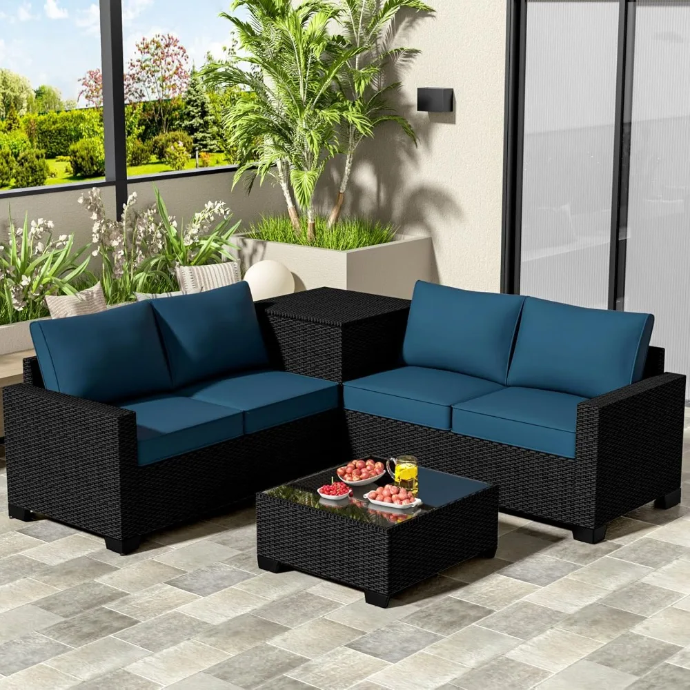 

4 Pieces Outdoor Patio Furniture Set with Storage and Glass Table for Porch, Poolside, Garden or Backyard