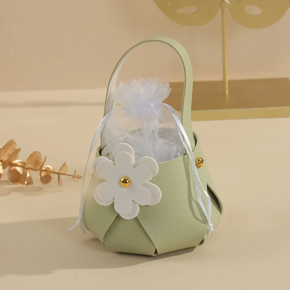 Empty Box PU Candy Leather Gift Bag Metal Petal Wedding Flower Skin Basket Ribbon Yarn Bucket Handbag Girl