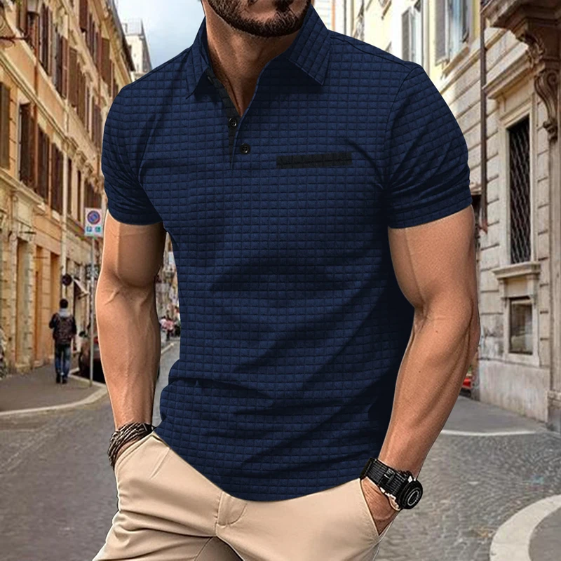 Waffle Jacquard masculino camisa de negócios, bolso lapela, top golfe ao ar livre, polo casual, cor sólida, moda verão