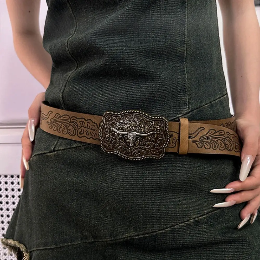 New Fashion Trendy Carved Western Cowboy Belt Cow Head Buckle Vintage Embossed Belt Retro Jeans Pants Belt For Man Women