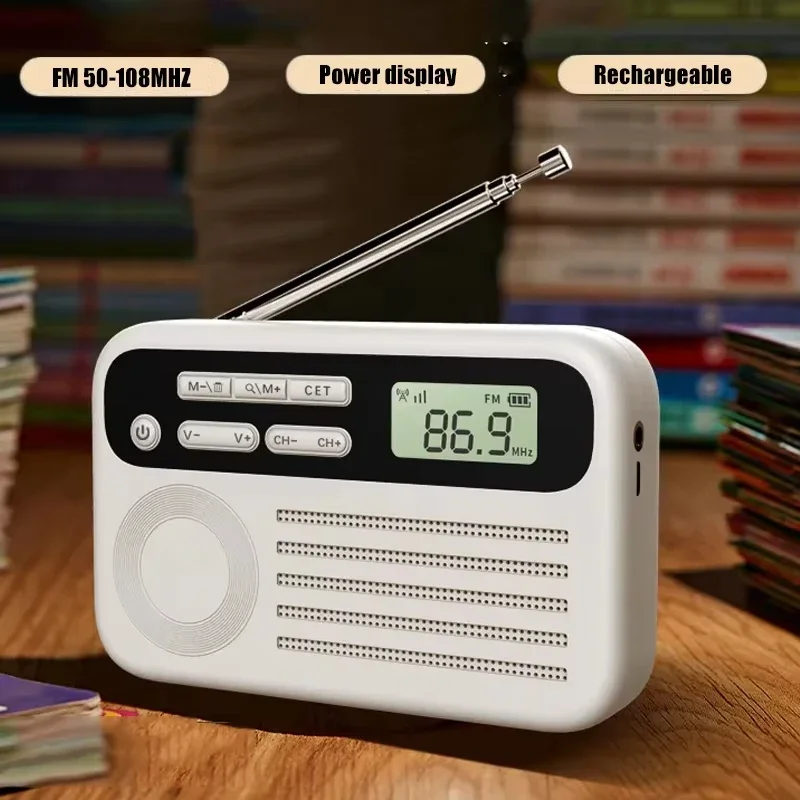 LCD Clock Display Mini FM Radio Built in Speaker Portable Support 3.5MM Headphone Rechargeable 57-108MHz Music Box