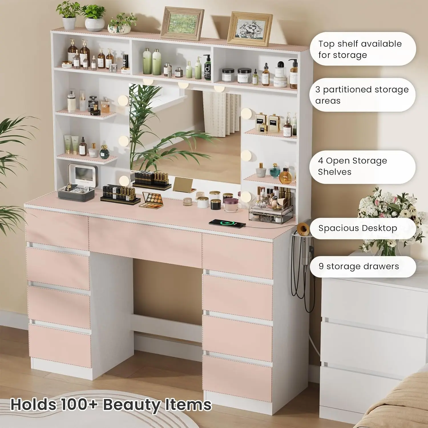 White Wood Makeup Vanity Desk for Bedroom with 9 Drawers, 7 Storage Shelves, Power Outlet & Adjustable LED Lights