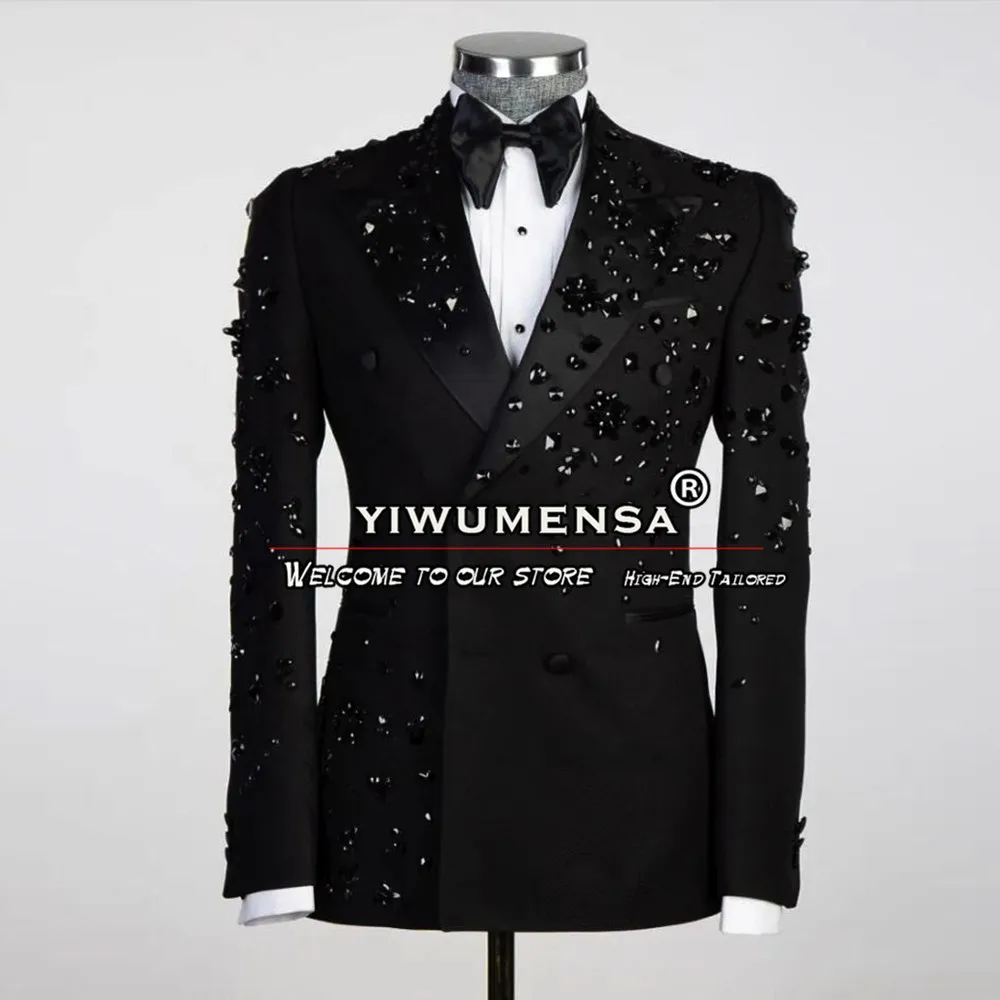 Formal Wedding Suits For Men Fit Slim Black Beading Jacket Pants 2 Pieces Sets Male Fashion Groom Custom Made Tuxedos Prom Party