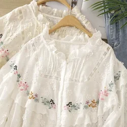 Summer Female Rococo Style Sweet Floral Embroidery Puff Sleeve Shirt Vintage Retro Cotton Ruffled Lace Cottagecore White Blouse