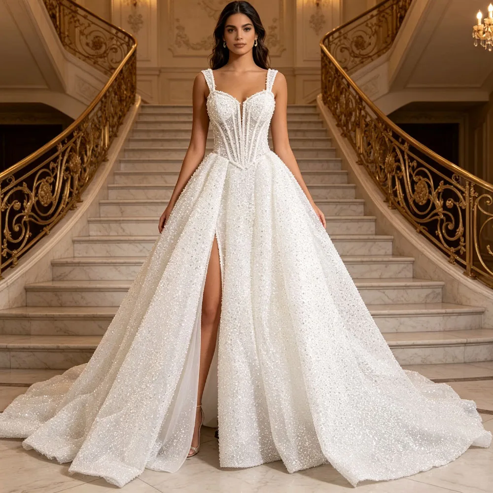 Luxurious Wedding Dress Spaghetti Straps Lace Up Back Bridal Dress Beading Pearls Sequined Customized A Line Dress