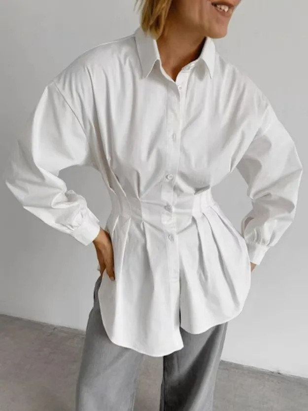 เสื้อเชิ้ตทรงเข้ารูป กระชับเอว จับจีบ ปกพับได้ แขนยาว สไตล์ลำลองธุรกิจ สี