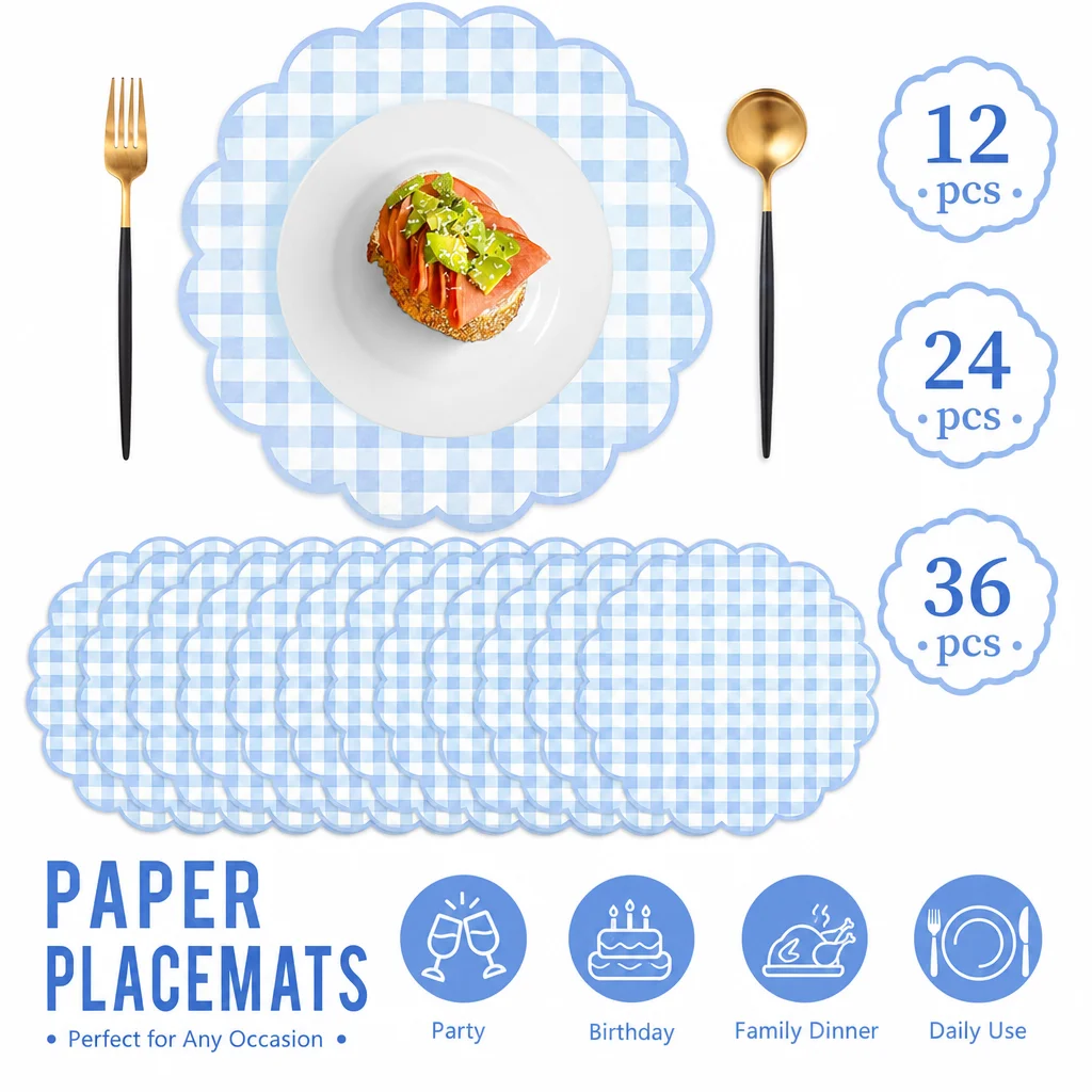 12/24/36pcs blue paper disposable placemats Color Plaid portable placemats are suitable for table layout.