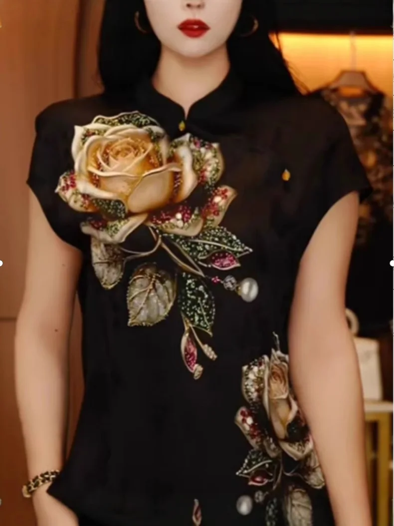 

Summer V-Neck 3D Rose Short Sleeve Casual Comfortable Loose T-Shirt Women's Top Soft Silk Material Regular Sleeve Length