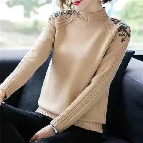 Embroidered Flowers Mock Neck Women Sweaters Fall Winter Thick Warm Pullover Slim Tops Ribbed Knitted Sweater Soft Pull D123