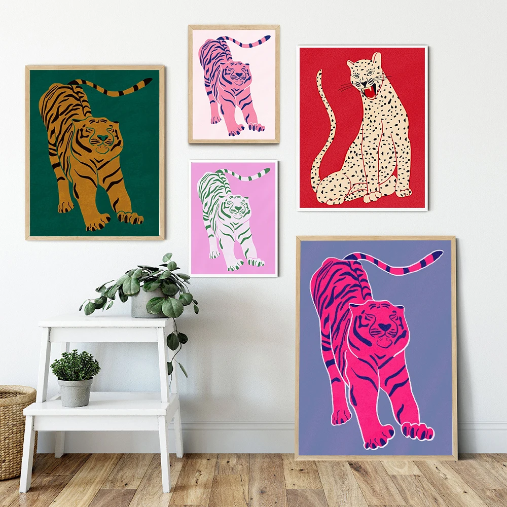 Abstract Animal Beast Posters Prints Red Pink Green Tiger Doesnt Lose Sleep Canvas Painting Wall Art Pictures Nordic Home Decor