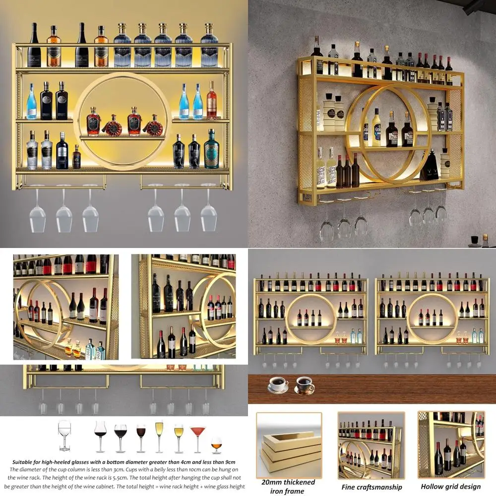 Modern Wall-Mounted 3-Tier Wine Rack with LED Lighting and Glass Holder for Large Capacity Liquor Storage