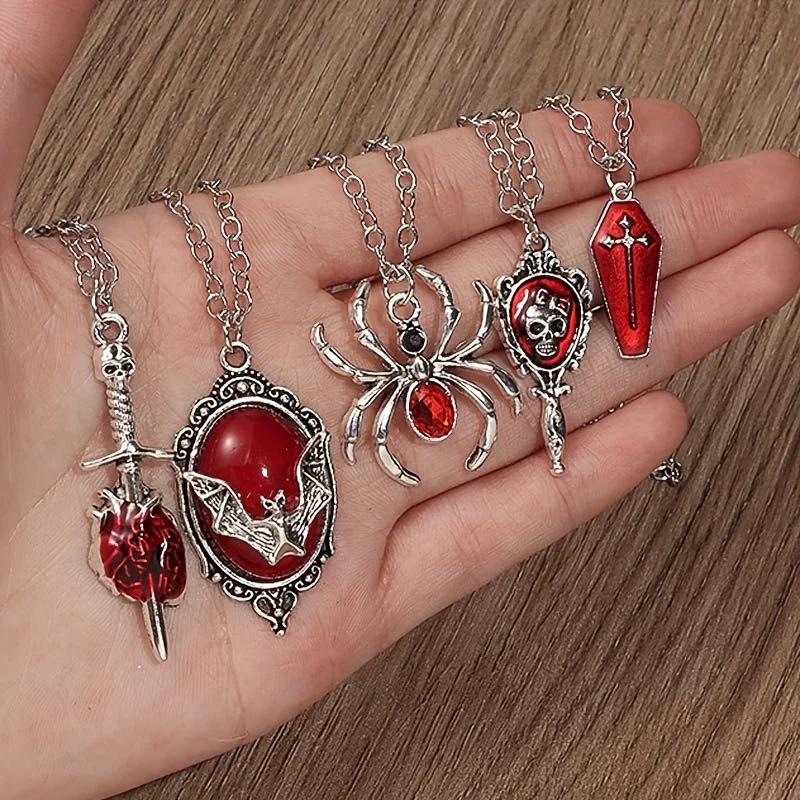 5 Gothic red pendant necklace sets, spider bat skull coffin dagger heart-shaped pendant silver chain punk women's jewelry