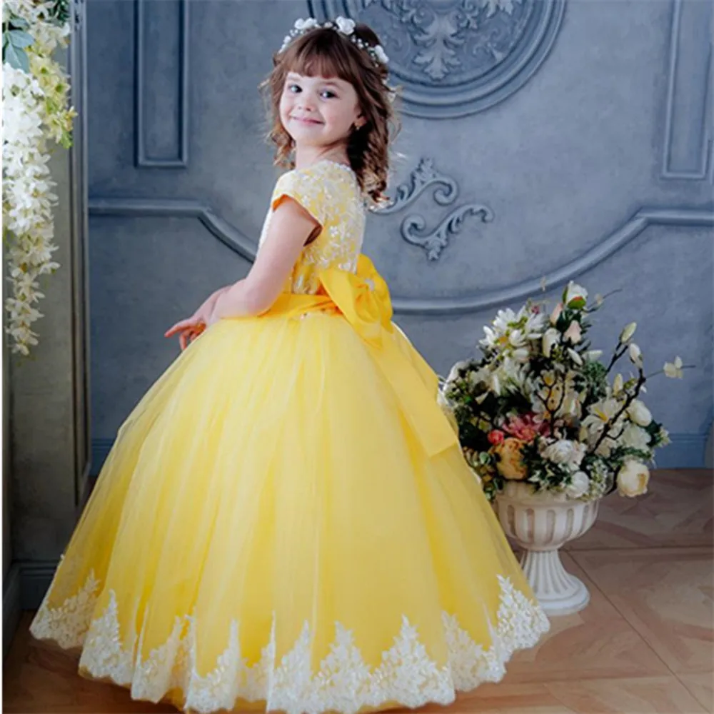 Yellow Long Flower Girl Dresses Tulle White Applique Cap Sleeve Wedding Birthday Party Bow Baby Kids First Communion Ball Gown