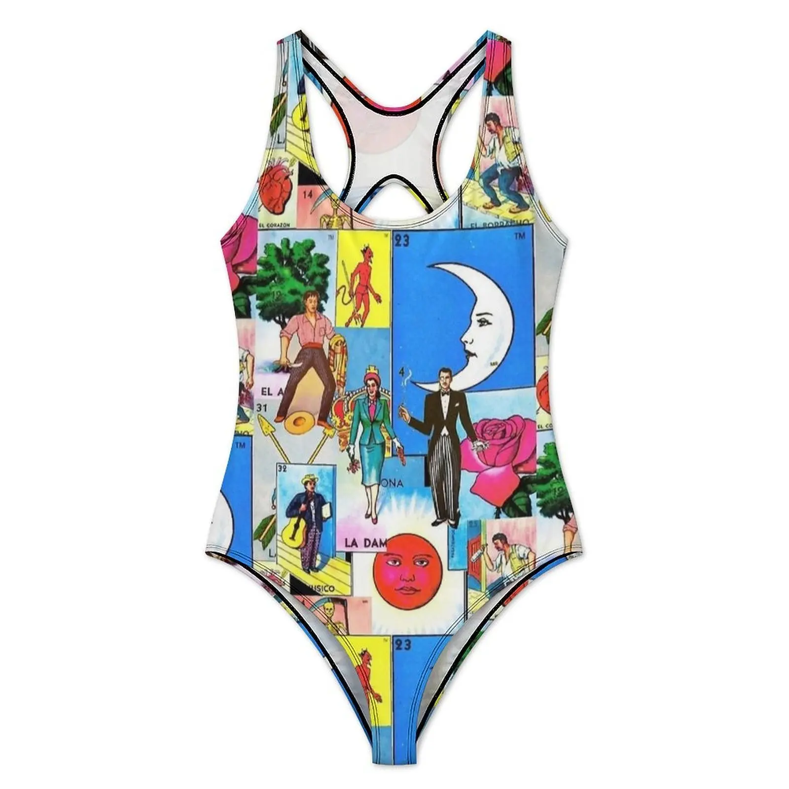 Lottery Card 60s Retro Print Swimsuit Sexy  One Piece Swimwear Push Up Bodysuit Stylish Holiday Rave Monokini