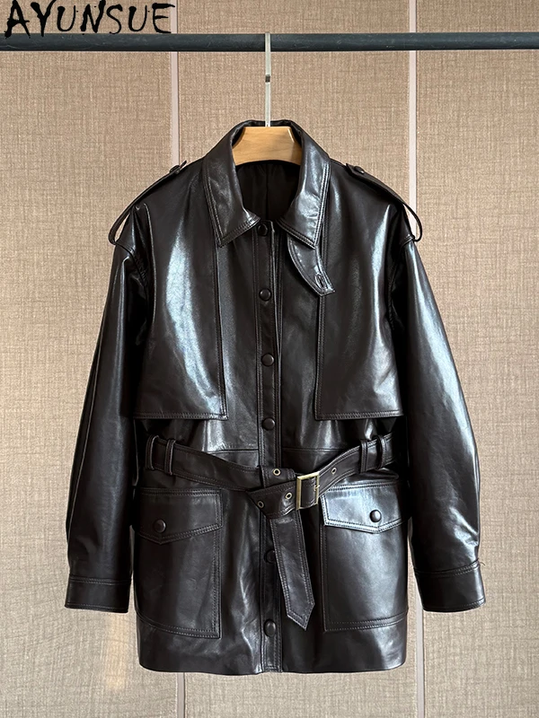 AYUNSUE 100% Genuine Sheepskin Women's Coat 2025 Autumn Mid Length Trench Coat Woman Clothes Leather Jackets with Belt 가죽자켓 여성