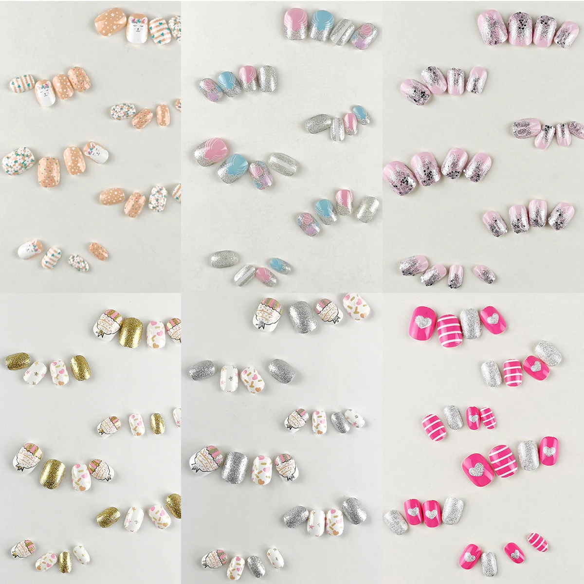 24 Pcs Rainbow Kids Press on Nails Pre-glue Children Heart Pattern False Nail Art Tips Short Full Cover Fake Nails for Girl