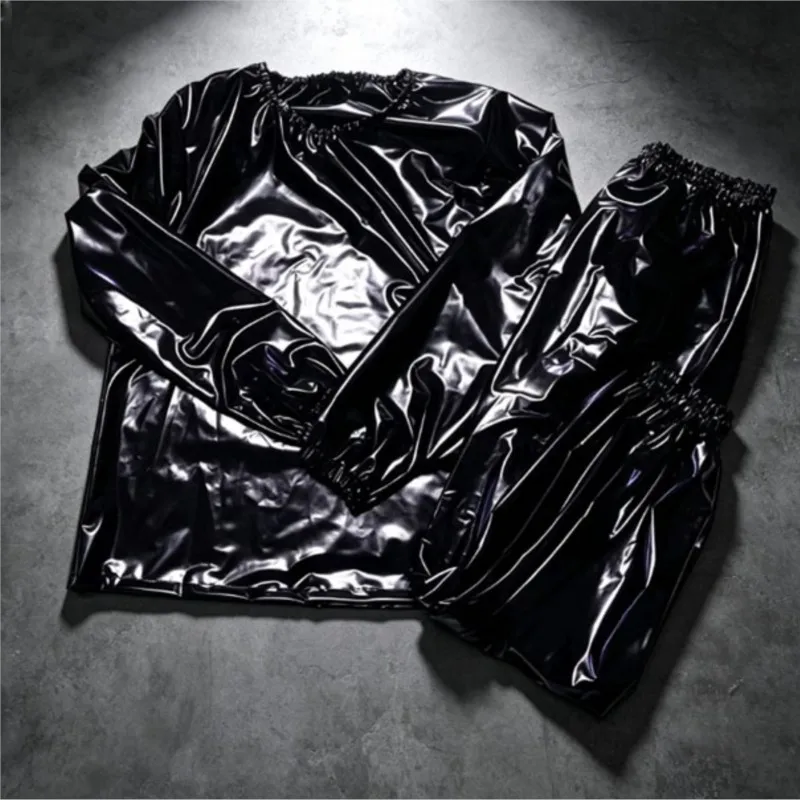 Transparent PVC Men's Sexy Glossy Long Sleeve Top Pants Outfit Women Soft Plastic Waterproof Panties T-shirt Trousers Plus Size