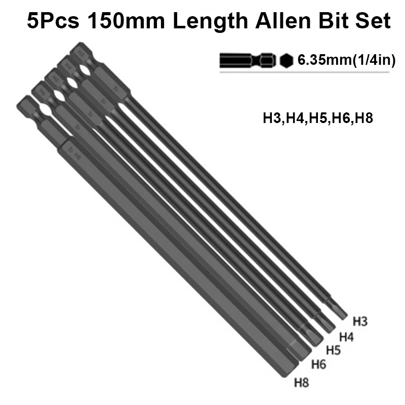 5Pcs Hex Head Allen Wrench Drill Bit 150mm 200mm Hex Bit Set Magnetic Hex Key Socket Driver Set