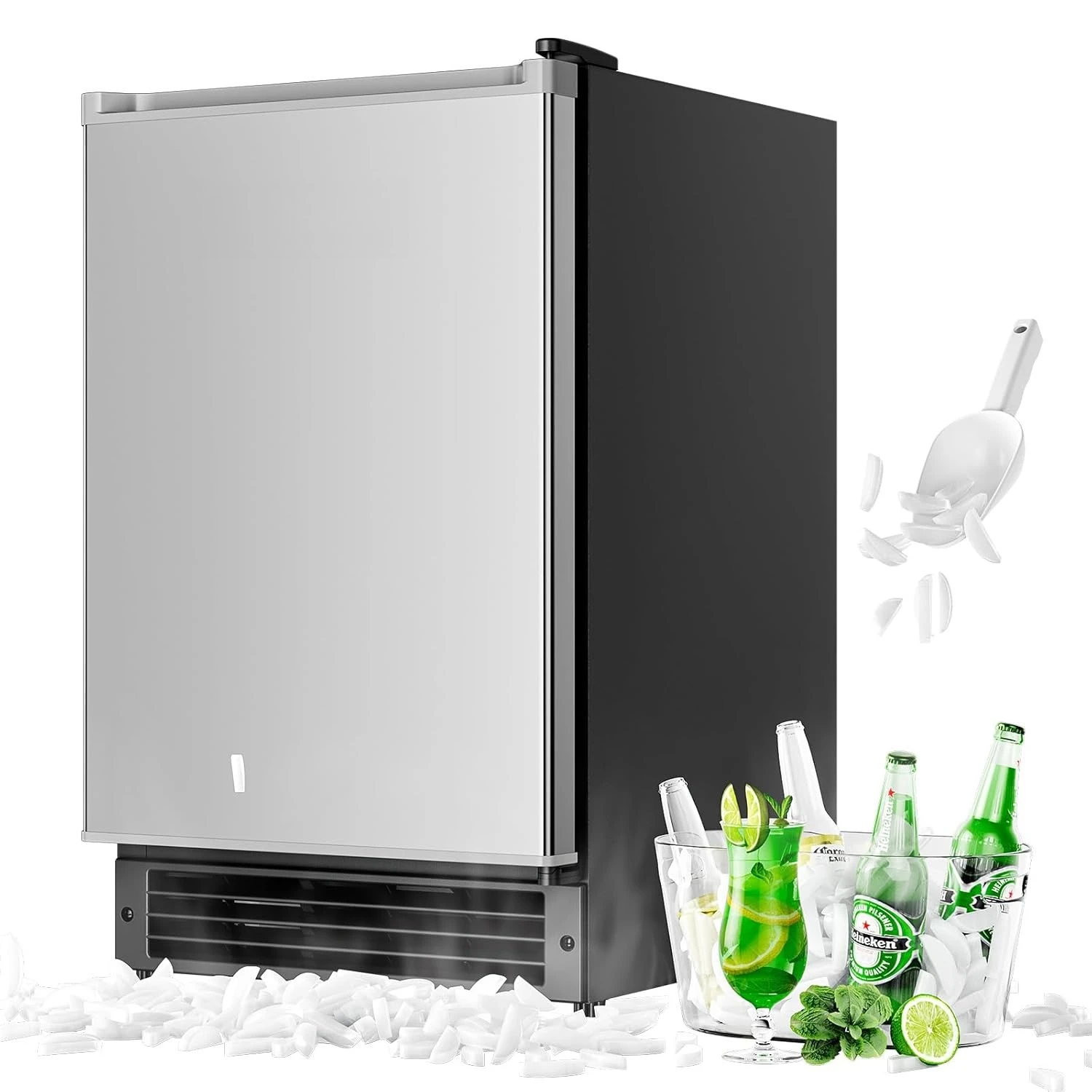 Under Counter Crescent Ice Maker Machine, 15'' W Drainless Built-in Ice Maker, 15 LBS Day with 12 LBS Storage Bin, Customized