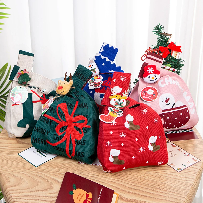 

Fashion Christmas Knit Handbag Handmade Tote Bag Candy Snack Gifts Bag Women Girls Knot Wrist Bag Xmas Storage Bag