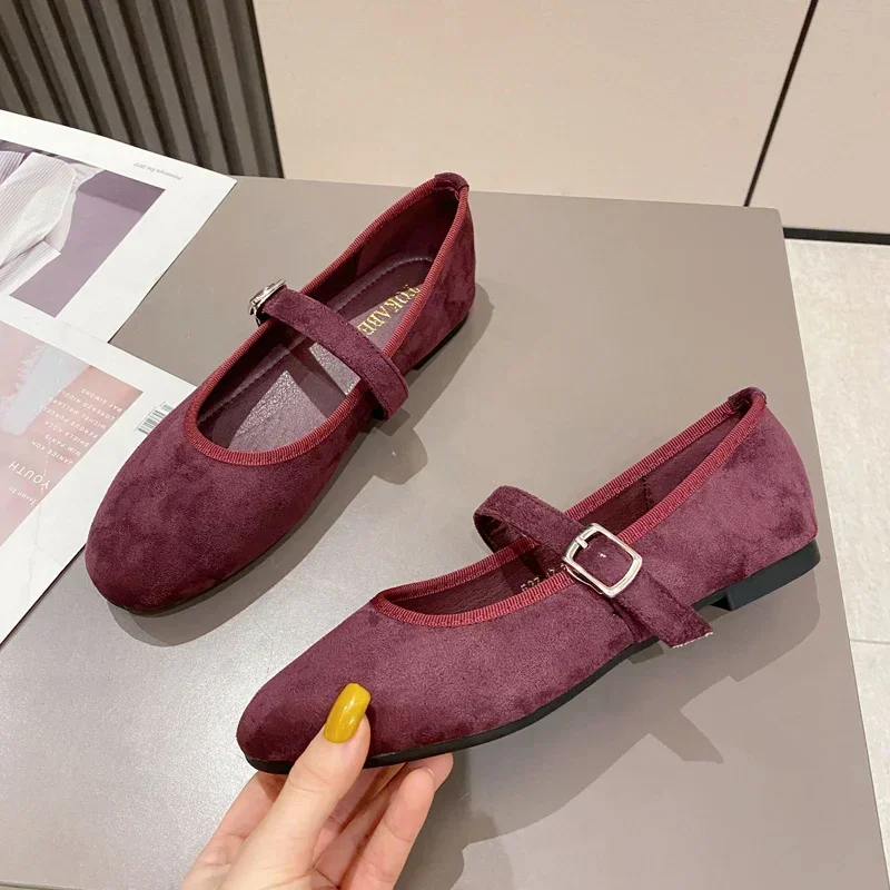 2024 New Autumn Black Purple Red Velvet Flats Women Shoes korea Flats Fashion Mary Jane Shoes Round Toe Women\'s Shoes