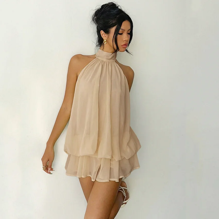 Linad أنيقة المشمش الشيفون فستان الرسن مثير عارية الذراعين الطبقات فساتين صغيرة الإناث الأصفر شير فستان الحفلات 2025 الخريف القوس #5