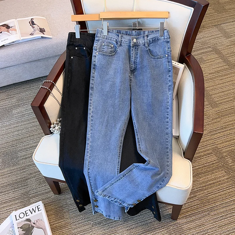 Autumn Winter 2023 Big Size Women Clothing Extra Large Female 100/150kg Long Pants High Waist Casual Loose Fit Slim Flare Jeans