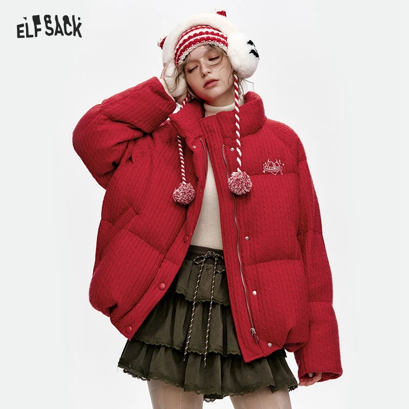 ELFSACK 2024 Winter New Arrivals Grey Stand Collar Knitted Warm Short Down Jacket for Women
