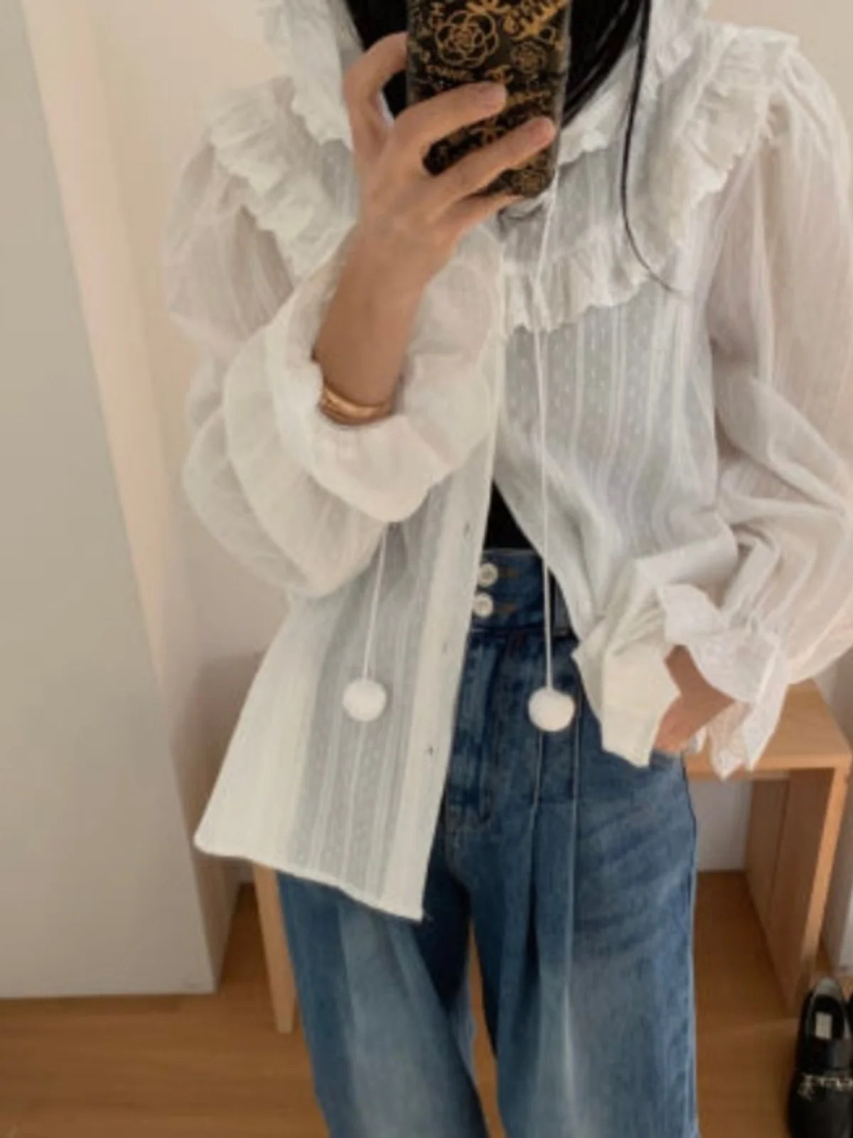 

Chic Lace irt Women's Design Spring New Hat Dstring Furry Ball Retro Top Ele Early Spring Faion Ladies' Blouse
