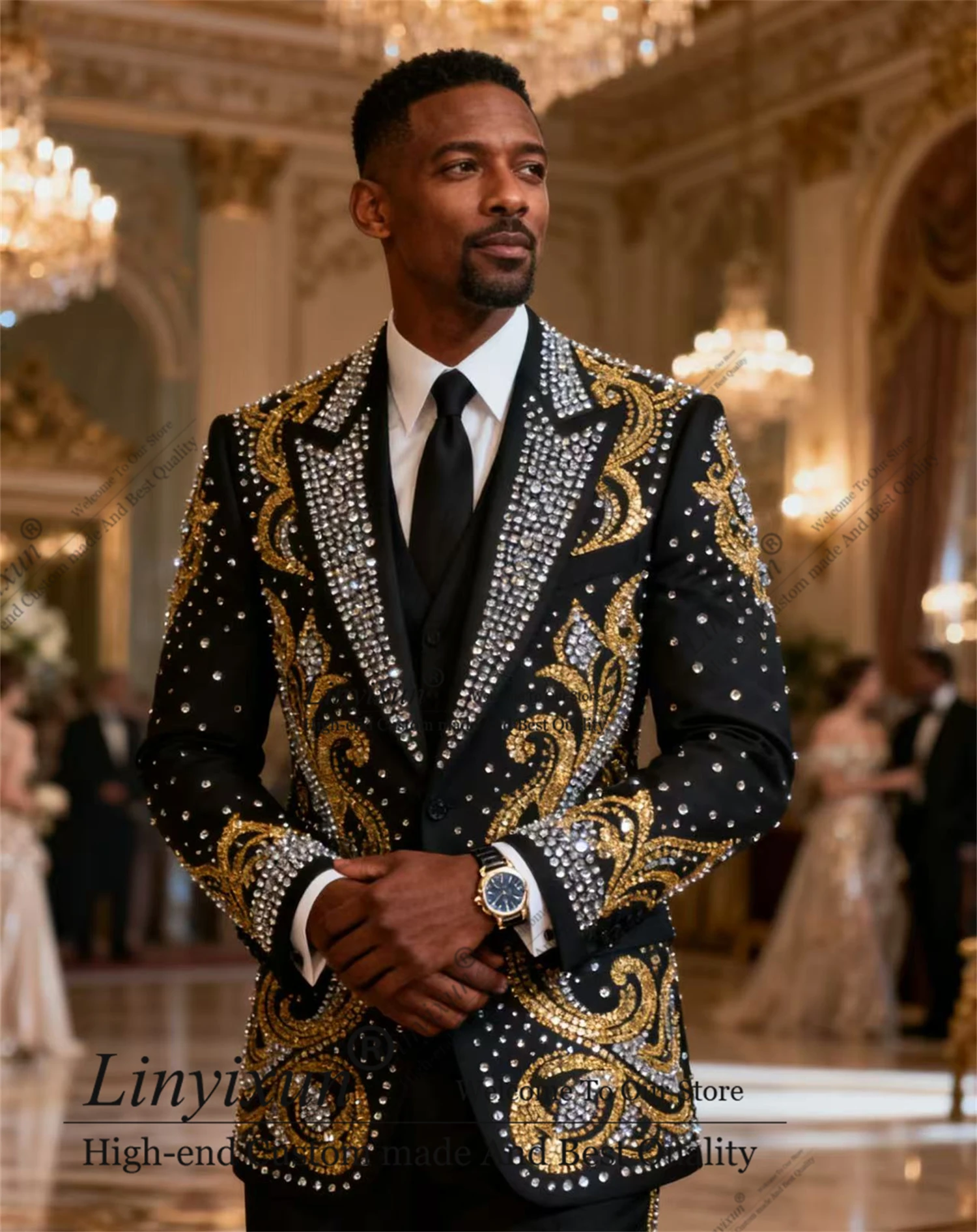 

Shiny Diamond Ornament Men Suit 2 Pieces Sets Groom Male Blazers Customized Wedding Tuxedos High End Slim Fit Ropa hombre