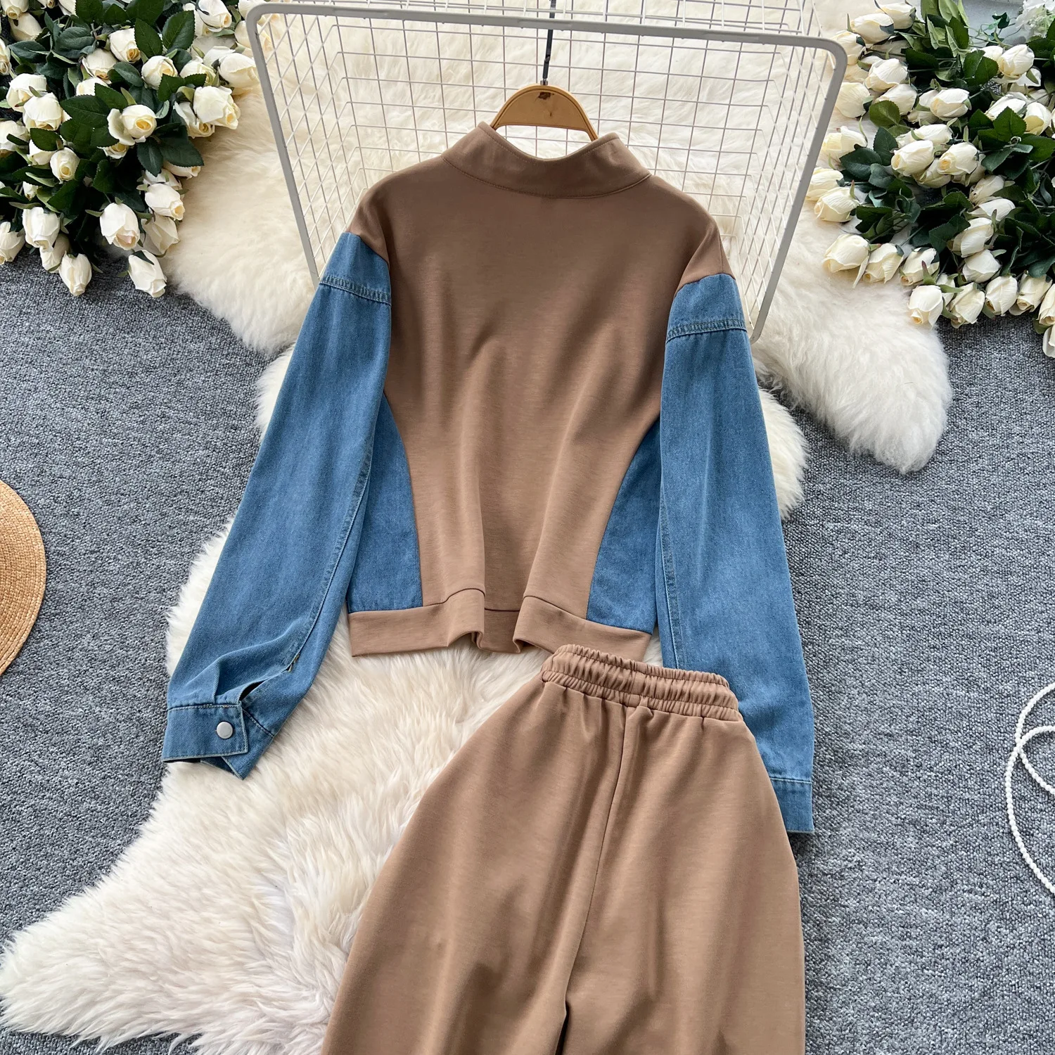 Pant Set Women Two Piece Sets Denim Stand Collar Matching Sets Casual Loose Tops Wide Leg Long Pants Lace Up Y2k Streetwear
