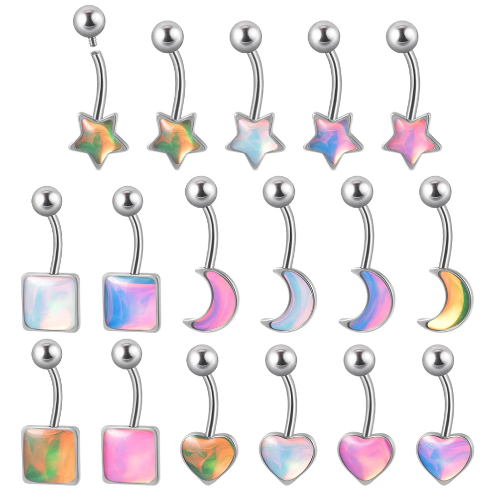 1pcs Bling Bling Flash Film Moon Square Heart Star Stainless Steel Belly Navel Ring Navel Piercing Ring Body Piercing Jewelry