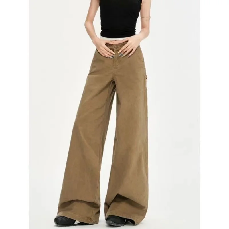 American Washed Loose Wide Leg Knife Edge Jeans Women's Spring Autumn New High Waist Loose Slimming Floor Length Pants