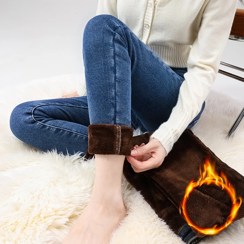 Frauen Fleece Warme Winter Jeans Verdicken Elastische Dünne Bleistift Hosen Mode Koreanische Dünne Plüsch Thermo Leggings Hosen – Detail 9