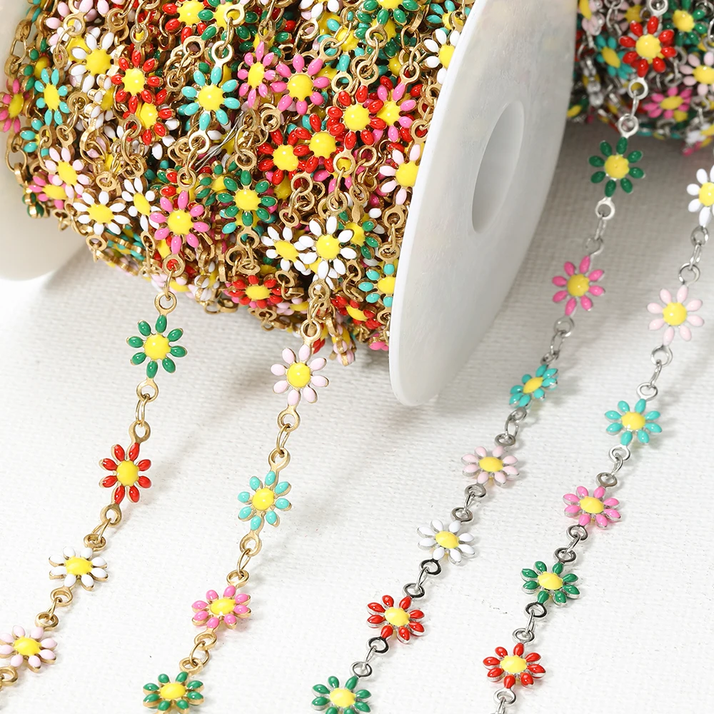 1Meter 7mm Daisy Flower Chains Stainless Enamel Sunflower Beaded Chains for DIY Jewelry Making Handmade Boho Necklace Bracelet