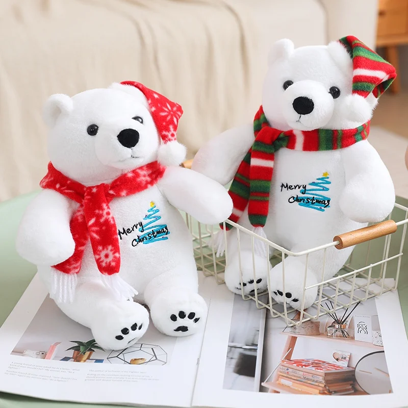 

25/33cm Kawaii Fluffy Christmas Polar Bear Plush Doll Soft Polar Bear With Scarf Toy Lovely Christmas Gifts Cute Decor For Party