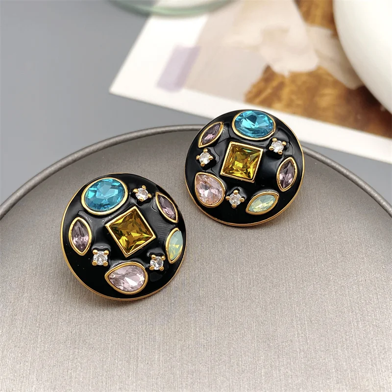 

European And American Retro Geometric Black Enamel Glaze Inlaid With Colorful Zircon Stud Earrings For Women Fashion Earrings