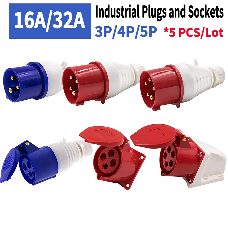 

5Pcs 16A/32A 3P/4P/5P IP44 Waterproof Male Female Electrical Connector Power Connecting Industrial Plug Socket 380V High Power