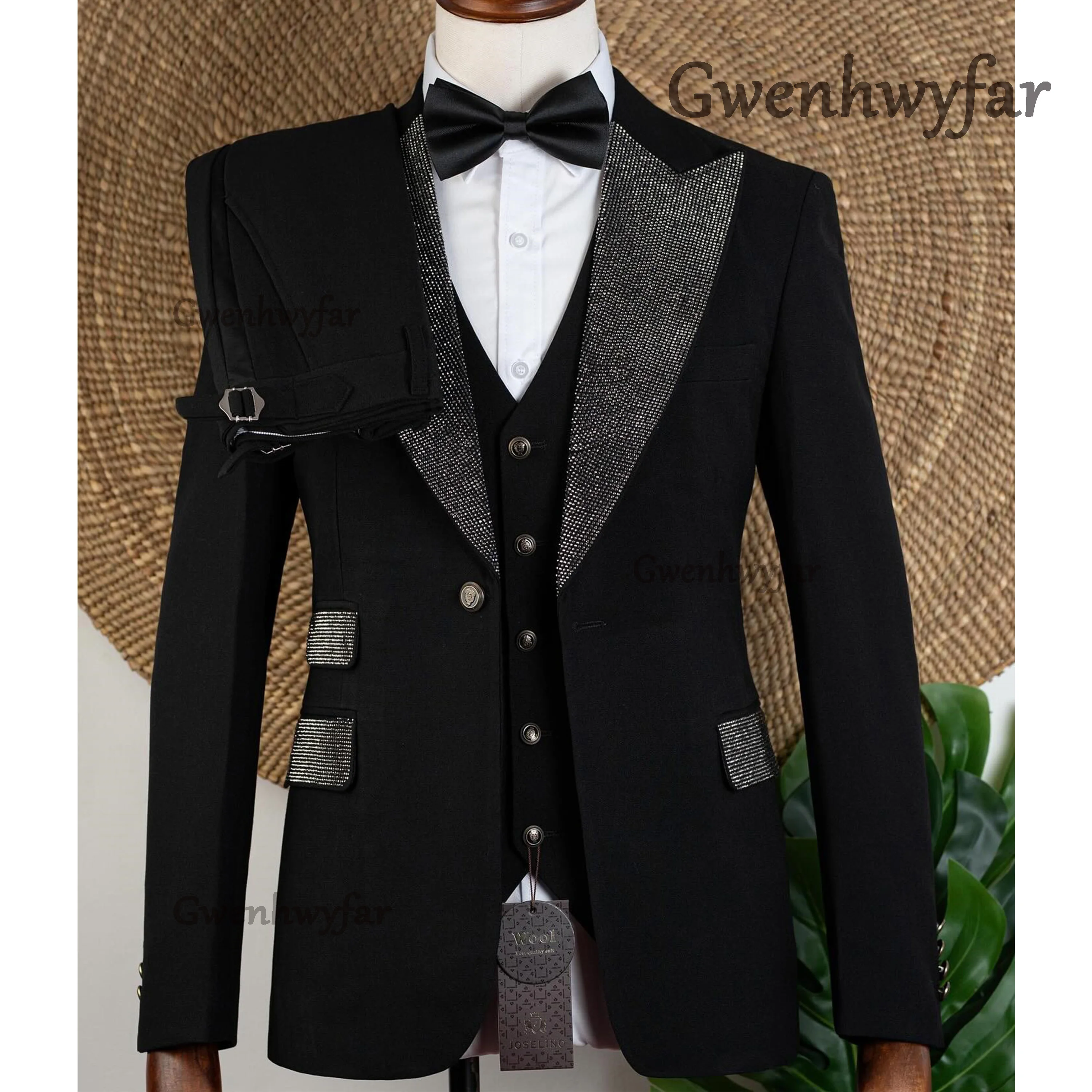 

Gwenhwyfar Luxury Rhinestones Beaded Men Suits Customized Female Catwalk Jacket Pant 2 Pieces Wedding Tuxedo Party