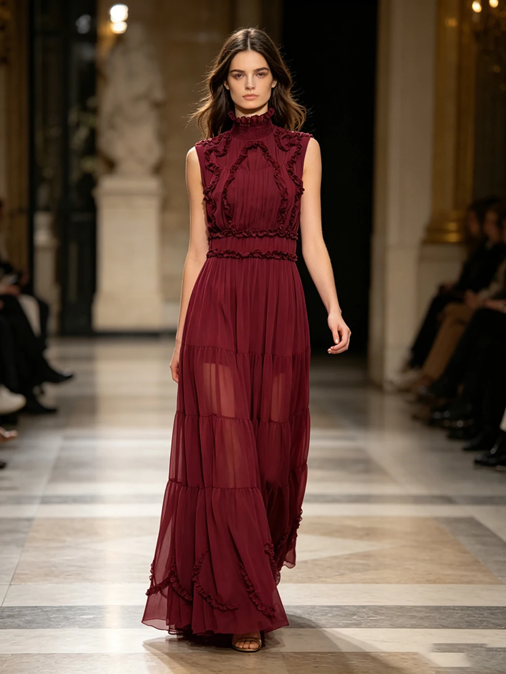 

Vintage Atmosphere Standing Collar Sleeveless Long Dress 2026 Summer New Women'S Wine Red Heavy Industry Fungus Pleated Dress