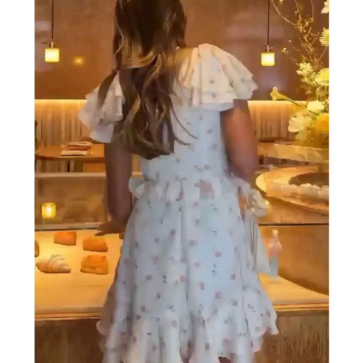 Floral impressão chá break dr v-ne puff sve em camadas decoração feminina faion outono nova chegada fino ajuste par dr