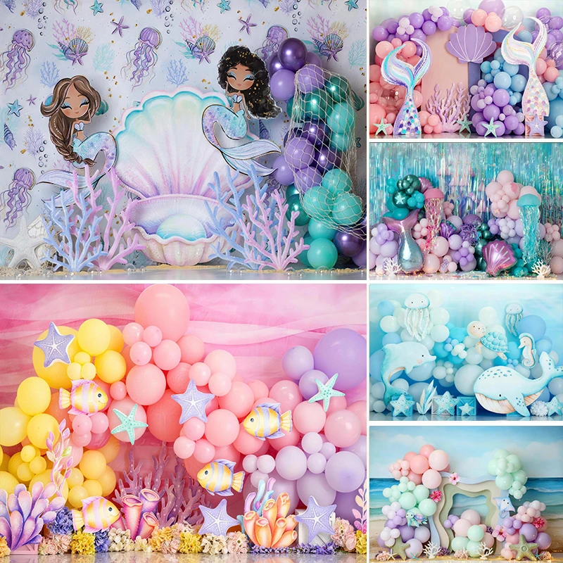 

LS Undersea Mermaid Shark Coral Backdrops Kids Baby 1st Birthday Cake Smash Props Child Adult Photocall Decor Cottage Background