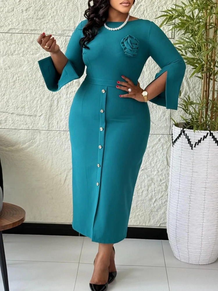 

African Dresses For Women Elegant Spring Autumn Long Sleeve Dashiki Midi Dress Ladies Traditional African Clothing Fairy Dreaes