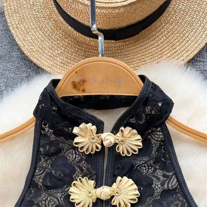 مثير الدانتيل شبكة بذلة الكلاسيكية مشبك معدني Hairball بذلة واحدة الصدر النمط الشرقي الوقوف طوق الربيع الصيف