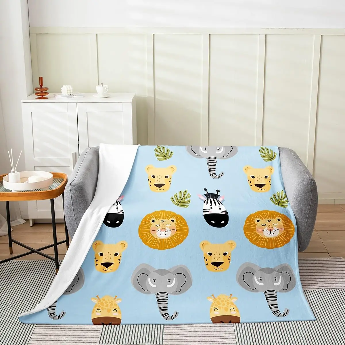 

Kids Zoo Animal Flannel Fleece Throw Blanket Cute Lion Elephant Zebra Fuzzy Blanket for Sofa Couch Cartoon Animal Blue Season
