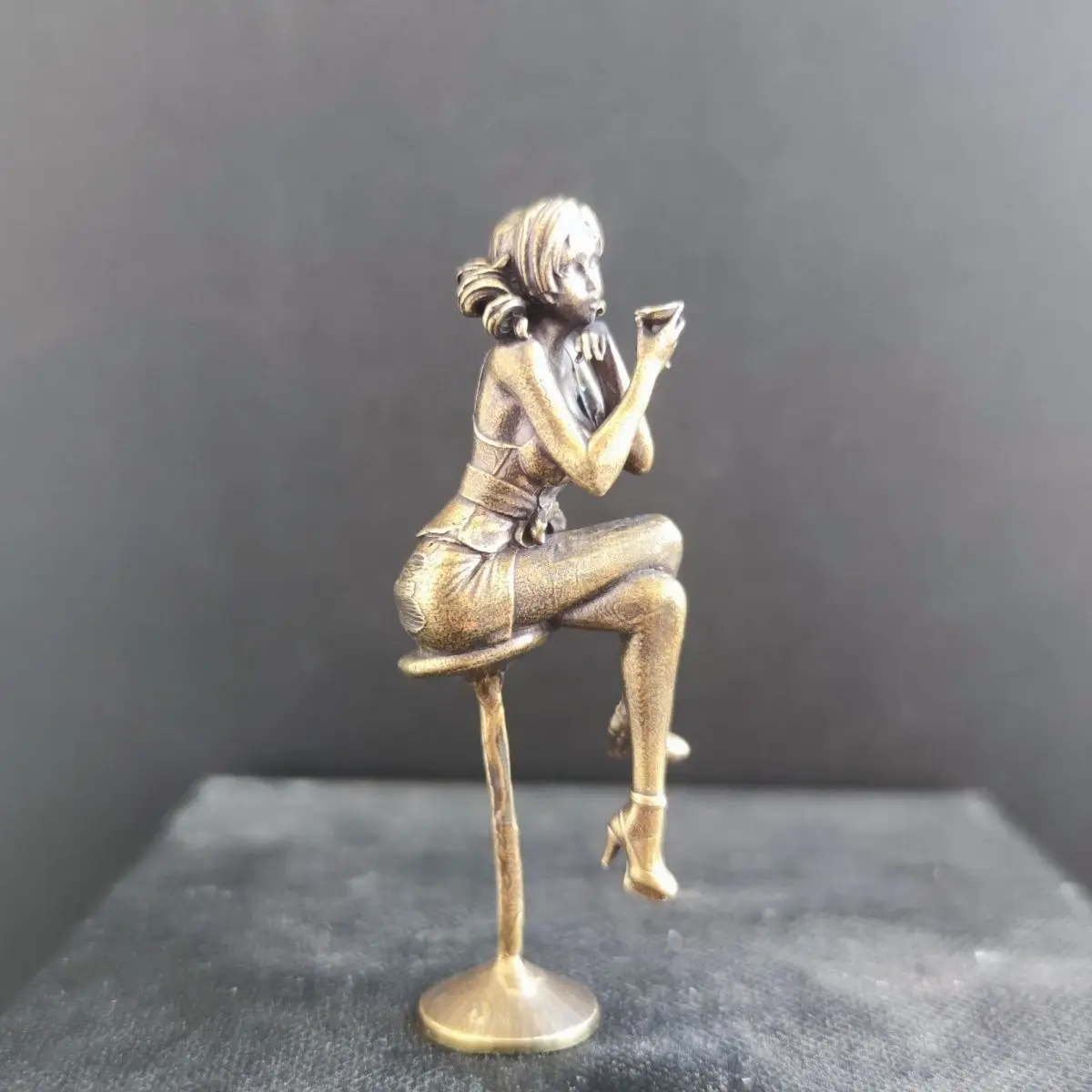 

6.4cm Solid Brass Lounge Lady Sculpture Vintage Bar Stool Seated Girl w/Wine Glass, Elegant Nightclub Decor Desktop