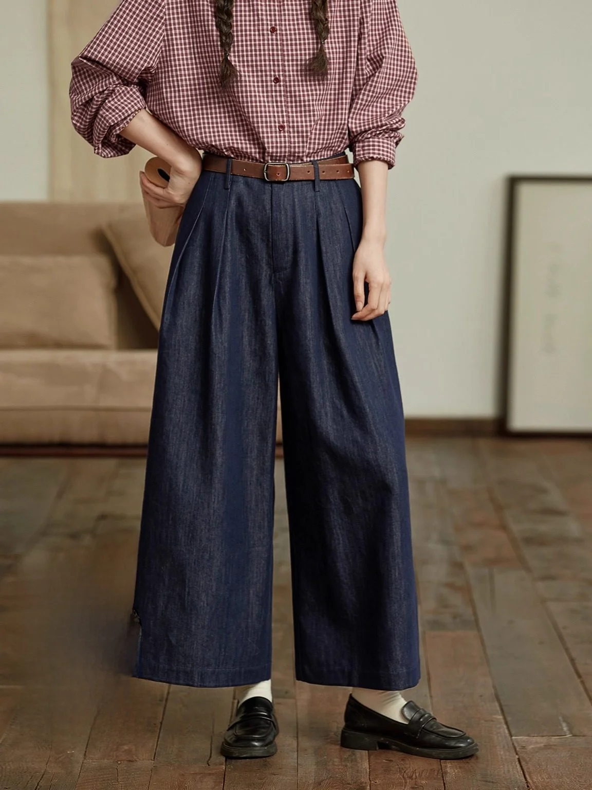 

Оригинальные синие джинсовые брюки с высокой талией и эластичным поясом, широкие брюки, женские повседневные джинсы из смесового хлопка в японском стиле, весенний сезон